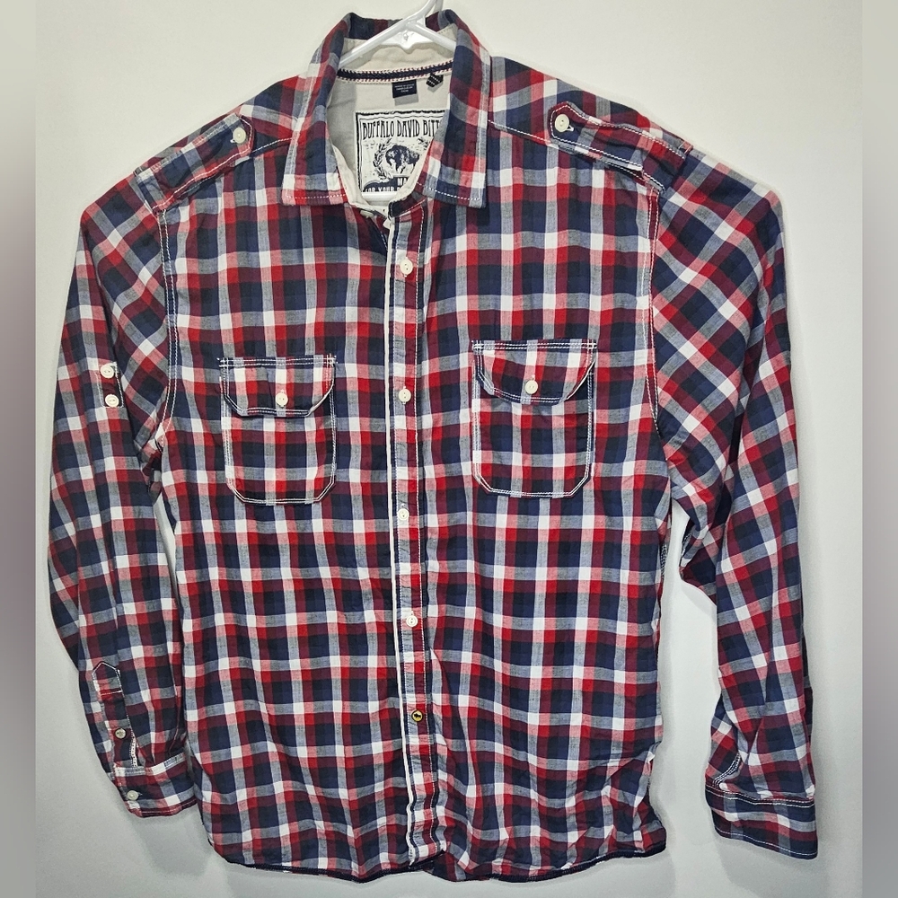 Buffalo David Bitton Blue Men Button Down Shirt Long Sleeve /Red Collar SIze XL